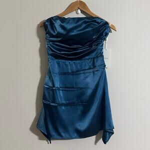 Weinaze NEW Strapless Satin Formal Mini Dress Sz 6 Teal Pleated Detail Event